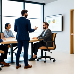 A diverse group of professional marketing and brand communication experts, fully clothed in modest business attire, engaged in an authentic and collaborative discussion within a modern, bright office conference room. They are actively sharing ideas and insights, with warm, engaged expressions, emphasizing human connection and teamwork. The setting includes sleek furniture, a large display screen, and natural light. Perfect anatomy, correct proportions, natural pose, well-formed hands, proper finger count, natural body proportions. Professional photography, high detail, safe for work, appropriate content, fully clothed, professional.