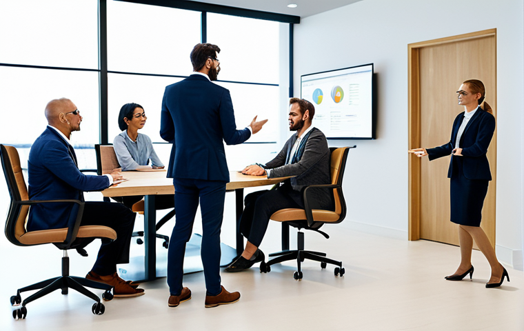A diverse group of professional marketing and brand communication experts, fully clothed in modest business attire, engaged in an authentic and collaborative discussion within a modern, bright office conference room. They are actively sharing ideas and insights, with warm, engaged expressions, emphasizing human connection and teamwork. The setting includes sleek furniture, a large display screen, and natural light. Perfect anatomy, correct proportions, natural pose, well-formed hands, proper finger count, natural body proportions. Professional photography, high detail, safe for work, appropriate content, fully clothed, professional.