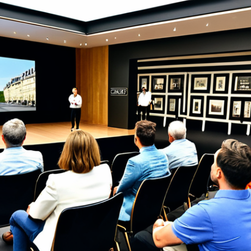 Home 8 Authentic Brand Storytelling**
"A diverse group of people, fully clothed in professional and casual attire, listening attentively to a presentation about a brand's history. The presenter, a charismatic speaker, stands on stage in front of a screen displaying historical photos and company values. Background: A modern, brightly lit conference room in Paris. Safe for work, appropriate content, family-friendly, professional, perfect anatomy, natural proportions, well-formed hands, proper finger count, modest clothing."
**
