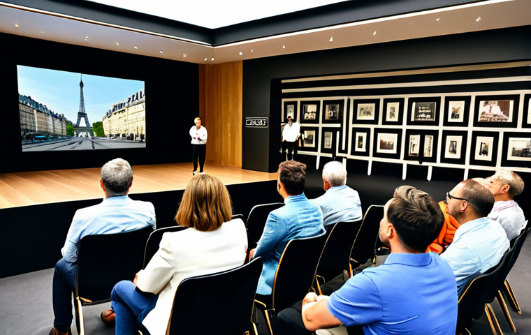 Authentic Brand Storytelling**

"A diverse group of people, fully clothed in professional and casual attire, listening attentively to a presentation about a brand's history. The presenter, a charismatic speaker, stands on stage in front of a screen displaying historical photos and company values. Background: A modern, brightly lit conference room in Paris. Safe for work, appropriate content, family-friendly, professional, perfect anatomy, natural proportions, well-formed hands, proper finger count, modest clothing."

**