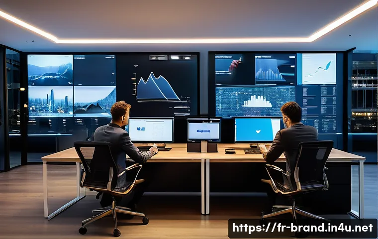 브랜드 커뮤니케이션에서 PR과 광고의 역할 - A modern digital marketing team working late in a sleek Parisian office during evening hours, divers...