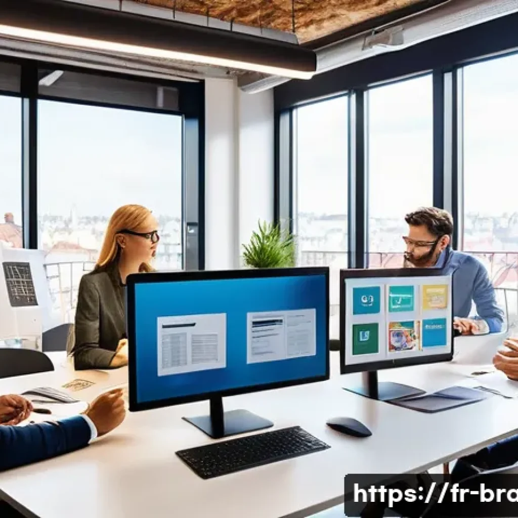 브랜드 커뮤니케이션 전문성 향상을 위한 팁 - A modern French marketing team in a bright, stylish office space, actively engaged in a brainstormin...