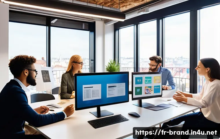 브랜드 커뮤니케이션 전문성 향상을 위한 팁 - A modern French marketing team in a bright, stylish office space, actively engaged in a brainstormin...
