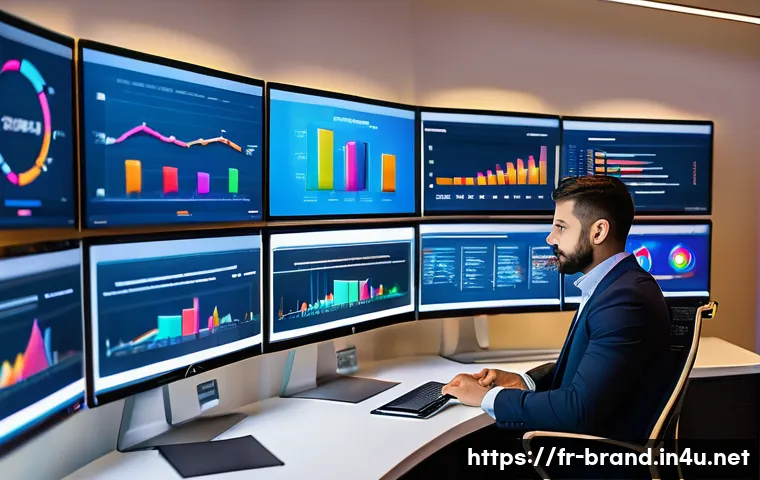 브랜드 커뮤니케이션에서 성과 측정 방법 - A modern digital marketing control room with multiple large screens displaying colorful analytics da...