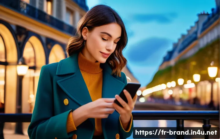 브랜드 커뮤니케이션 분야의 최신 기술 동향 - A stylish young French woman using augmented reality on her smartphone to virtually try on elegant P...