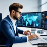 Home 21 브랜드 커뮤니케이션 전문가의 경력 전환 사례 - A modern digital marketing professional in a bright, sleek office environment, seated at a large des...