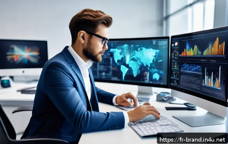 브랜드 커뮤니케이션 전문가의 경력 전환 사례 - A modern digital marketing professional in a bright, sleek office environment, seated at a large des...