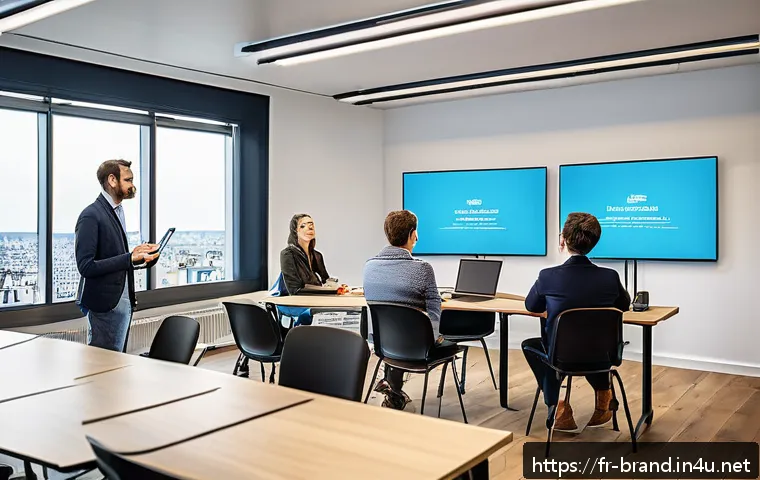 브랜드 커뮤니케이션 교육 프로그램 추천 - A modern digital marketing classroom scene in Paris, with diverse adult professionals attentively en...