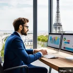 Home 18 브랜드 전문가 이직 성공 노하우 - A modern professional French branding expert in a stylish Parisian office, analyzing digital marketi...