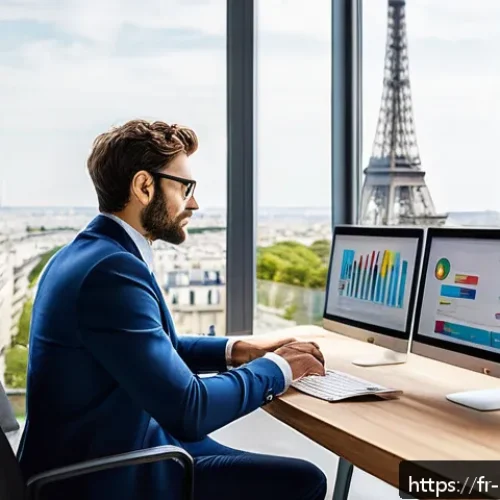 Home 30 브랜드 전문가 이직 성공 노하우 - A modern professional French branding expert in a stylish Parisian office, analyzing digital marketi...