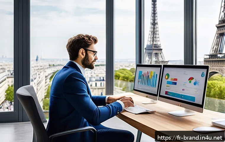 브랜드 전문가 이직 성공 노하우 - A modern professional French branding expert in a stylish Parisian office, analyzing digital marketi...