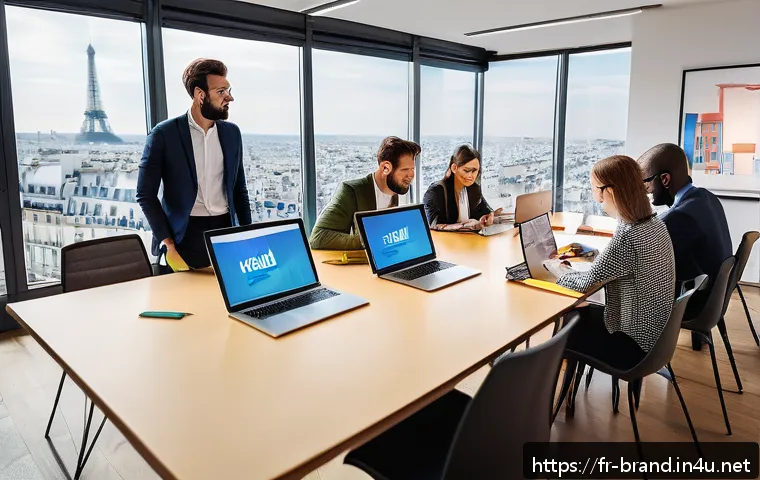 브랜드 커뮤니케이션 실무 경험 쌓는 법 - A dynamic modern office scene in Paris with a diverse group of young marketing professionals collabo...